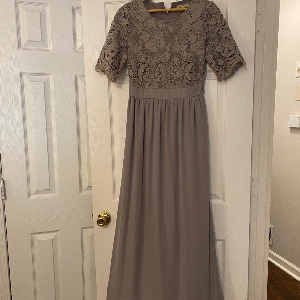 Gray Lace Overlay Chiffon Evening Dress